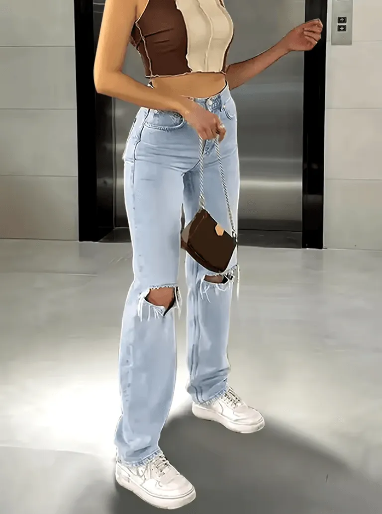 2025 Women’s New Knee-Piercing Jeans | Loose Casual Straight Micro-Elastic Fit