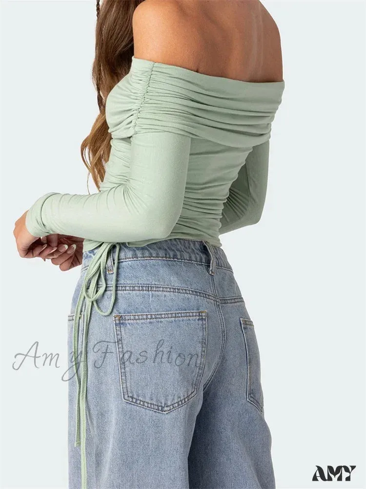 Amy Fashion - 90s Off Shoulder Long Sleeve Slim FitRetro Ruched Tie Up T-Shirts
