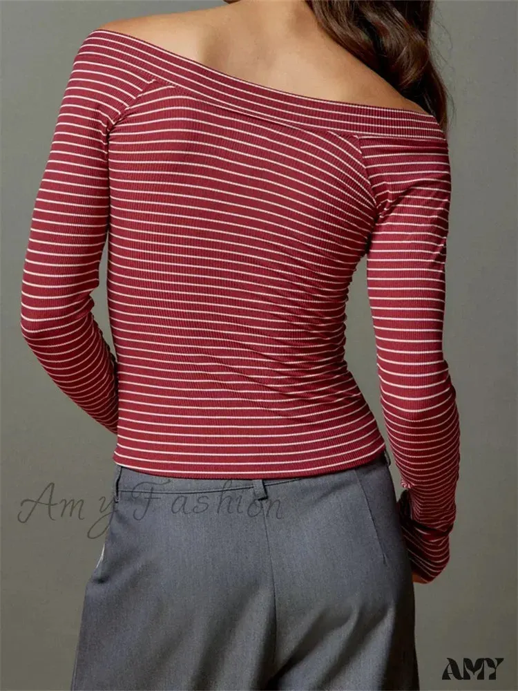 Amy Fashion - Long Sleeve Slim Colorful Striped Print Slash Neck T-Shirts