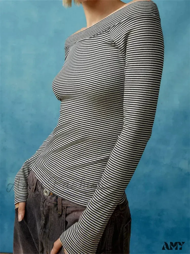 Amy Fashion - Long Sleeve Slim Colorful Striped Print Slash Neck T-Shirts