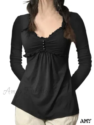 Amy Fashion - V-neck Ruched Solid Color Vintage Ruched Buttons T-Shirts