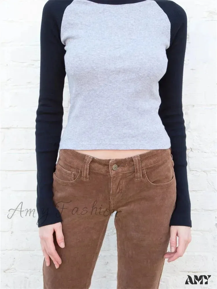 Amy Fashion - Vintage Patchwork Ribbed O-Neck Long Sleeve Tee T-shirts