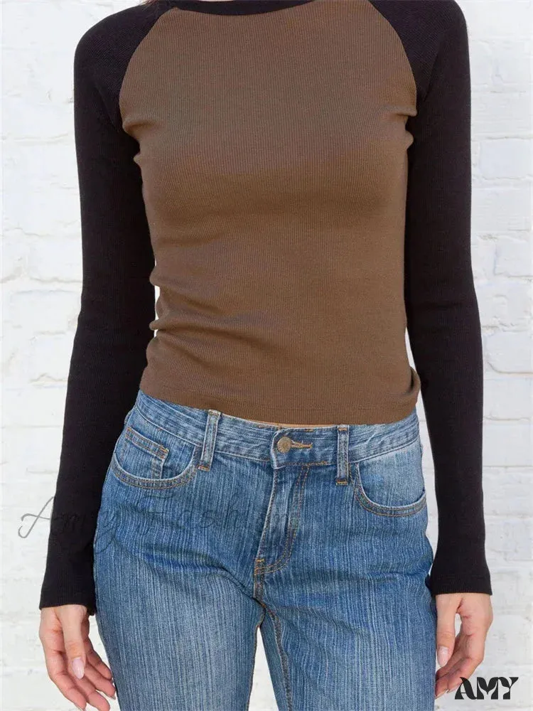 Amy Fashion - Vintage Patchwork Ribbed O-Neck Long Sleeve Tee T-shirts