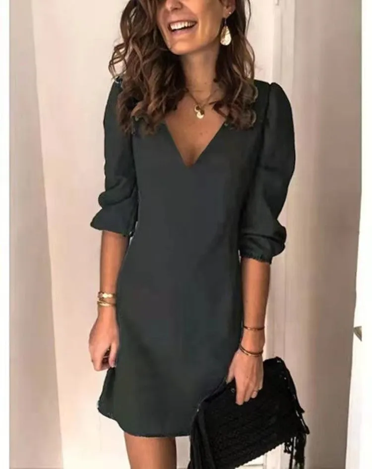 Autumn Regular Sleeve Deep V-neck Sexy Solid Color Versatile Casual Dress
