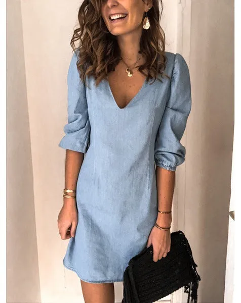 Autumn Regular Sleeve Deep V-neck Sexy Solid Color Versatile Casual Dress