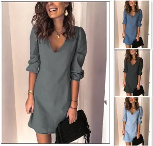 Autumn Regular Sleeve Deep V-neck Sexy Solid Color Versatile Casual Dress