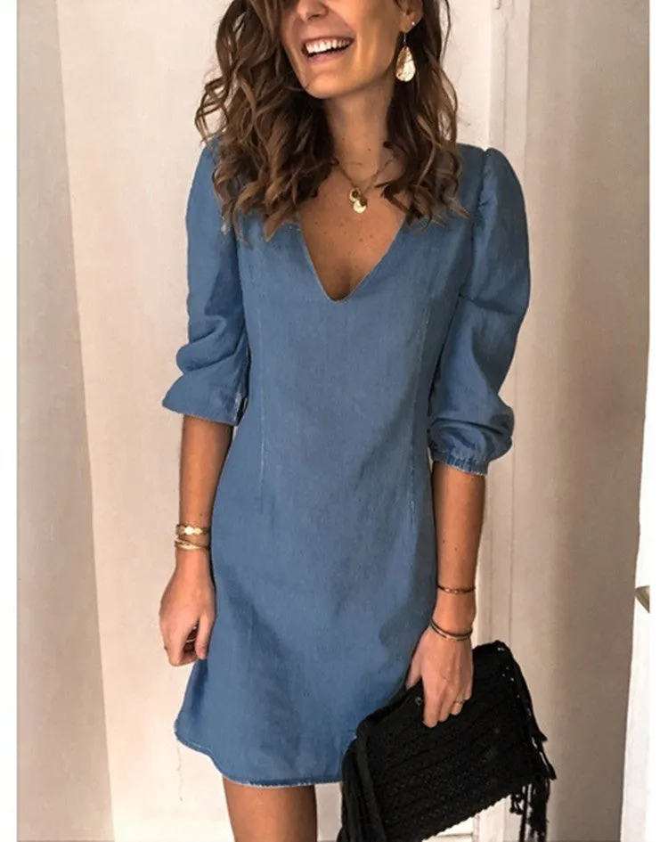 Autumn Regular Sleeve Deep V-neck Sexy Solid Color Versatile Casual Dress