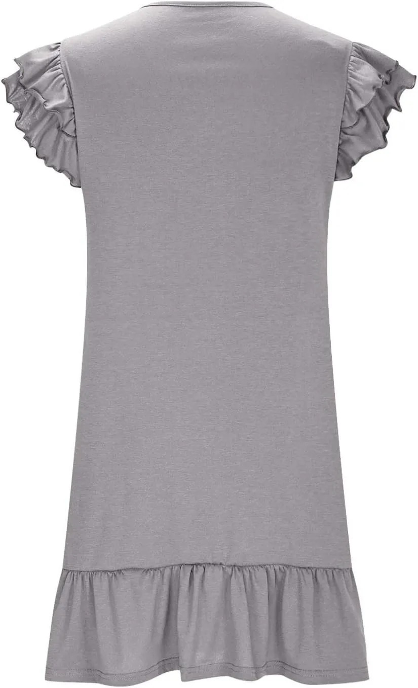 Beach Dresses for Women 2025 Vacation Loose Plain V Neck Mini Dress Comfy Ruffle Sleeve Above Knee Length Tunic Dress