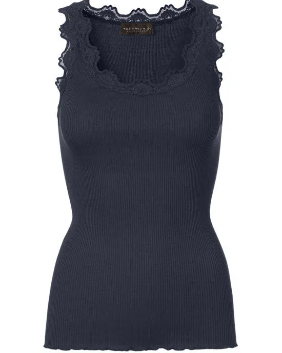 Classic silk top w Lace Navy