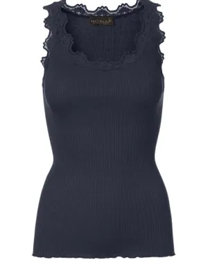 Classic silk top w Lace Navy