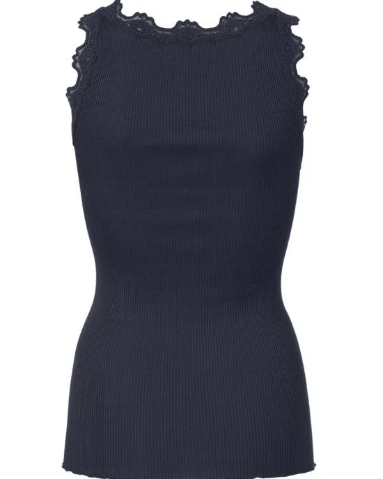 Classic silk top w Lace Navy