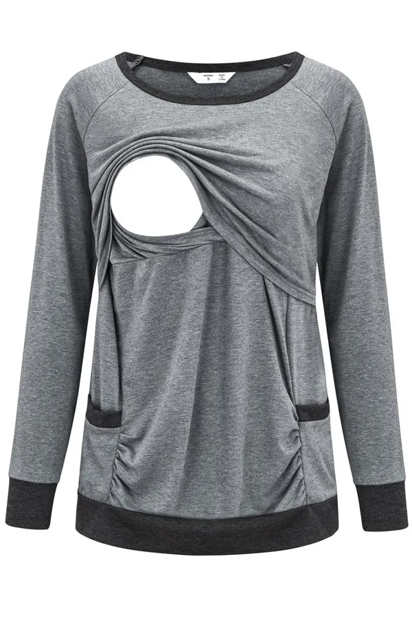 Cotton Breastfeeding Top Solid-Color Comfortable Long-Sleeved Pajamas