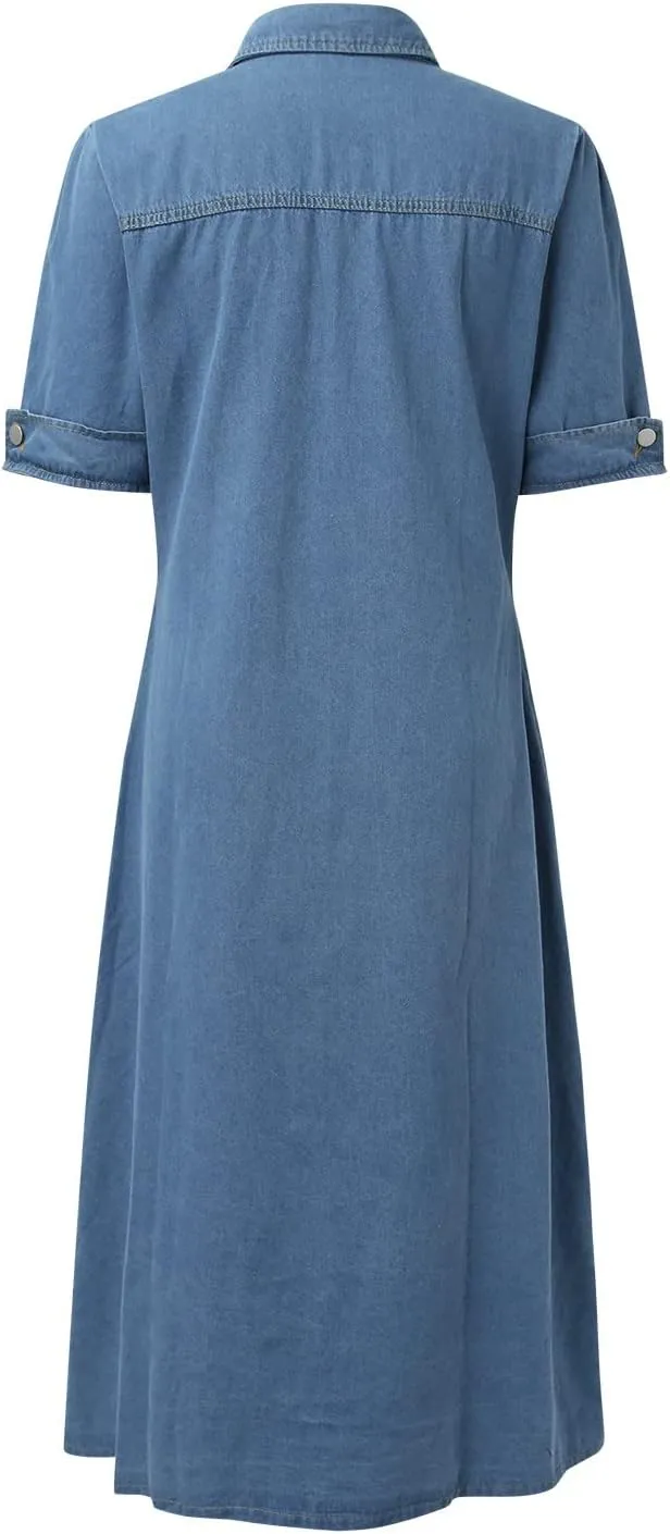 Denim T Shirt Dresses for Women with Pockets Short Sleeve 2025 Vacation Sundresses Beach Button Down Tshirt Summer