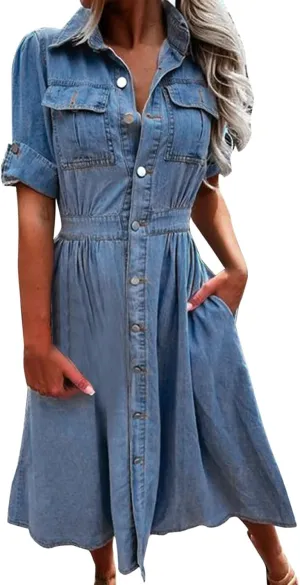 Denim T Shirt Dresses for Women with Pockets Short Sleeve 2025 Vacation Sundresses Beach Button Down Tshirt Summer