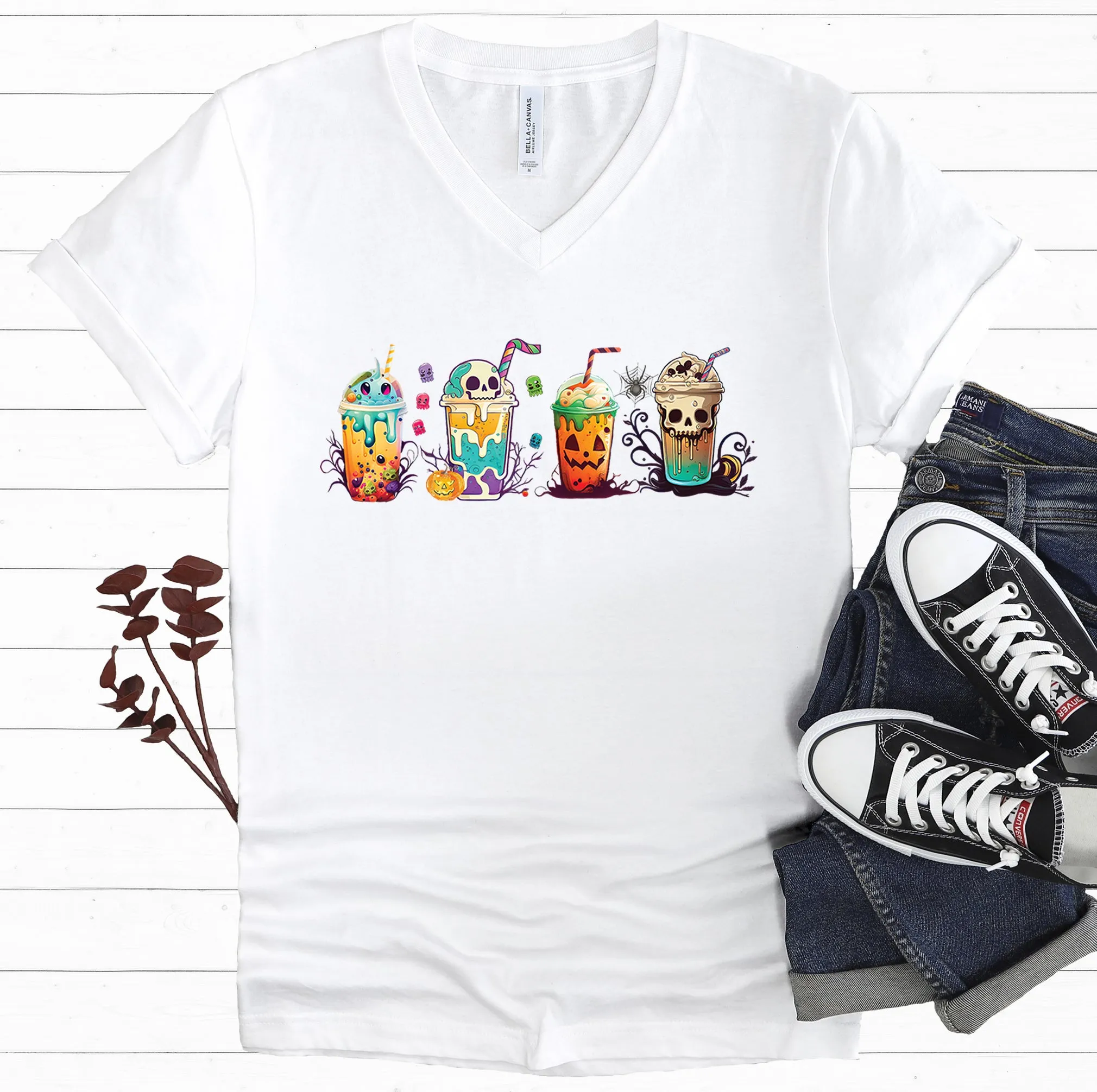 Fall Boba Tea Shirt | Halloween Bubble Tea Shirt | Spooky Halloween Shirt | Bubble Tea Gift For Her | Unisex Jersey V-neck T-shirt