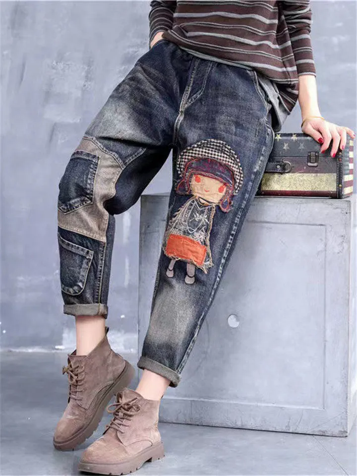 Fashion Elastic Waist Loose Cartoon Jeans
