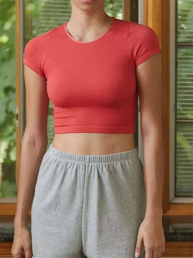 FashionSierra - Short Sleeve Ribbed Causal Solid O-Neck Slim Fit Summer Exposed Navel New Tee