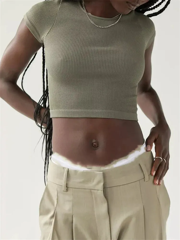 FashionSierra - Short Sleeve Ribbed Causal Solid O-Neck Slim Fit Summer Exposed Navel New Tee
