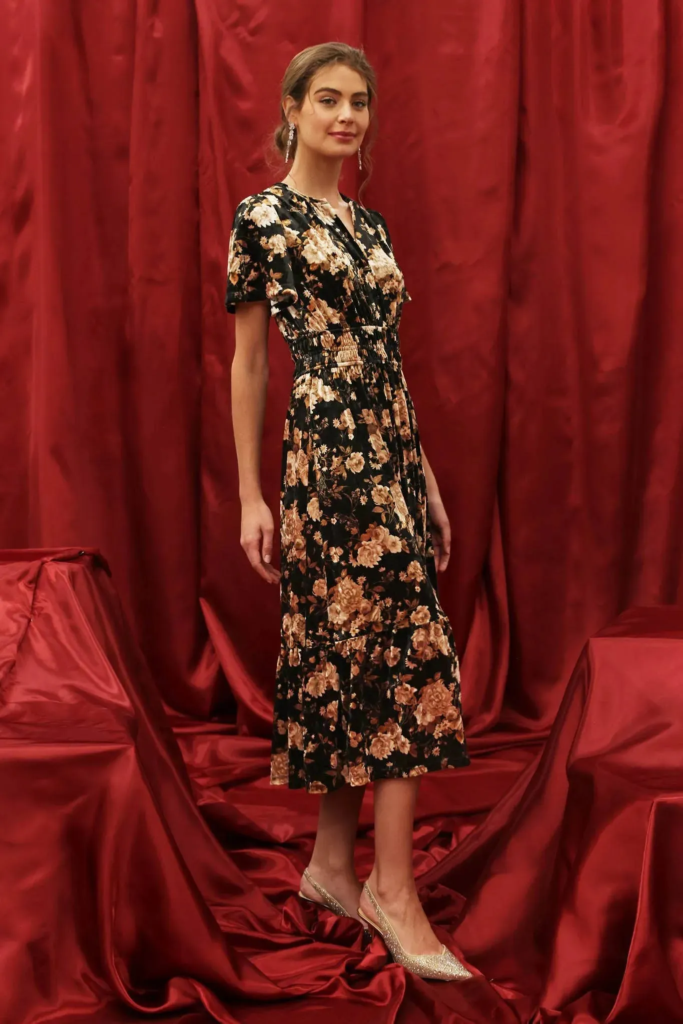 Floral Velvet Spliced Mini Dress