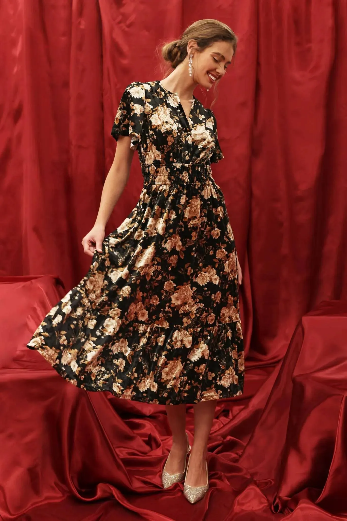 Floral Velvet Spliced Mini Dress