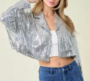 FNL Fringe Sequins Jackets: Sequins Fringe Cropped Jackets