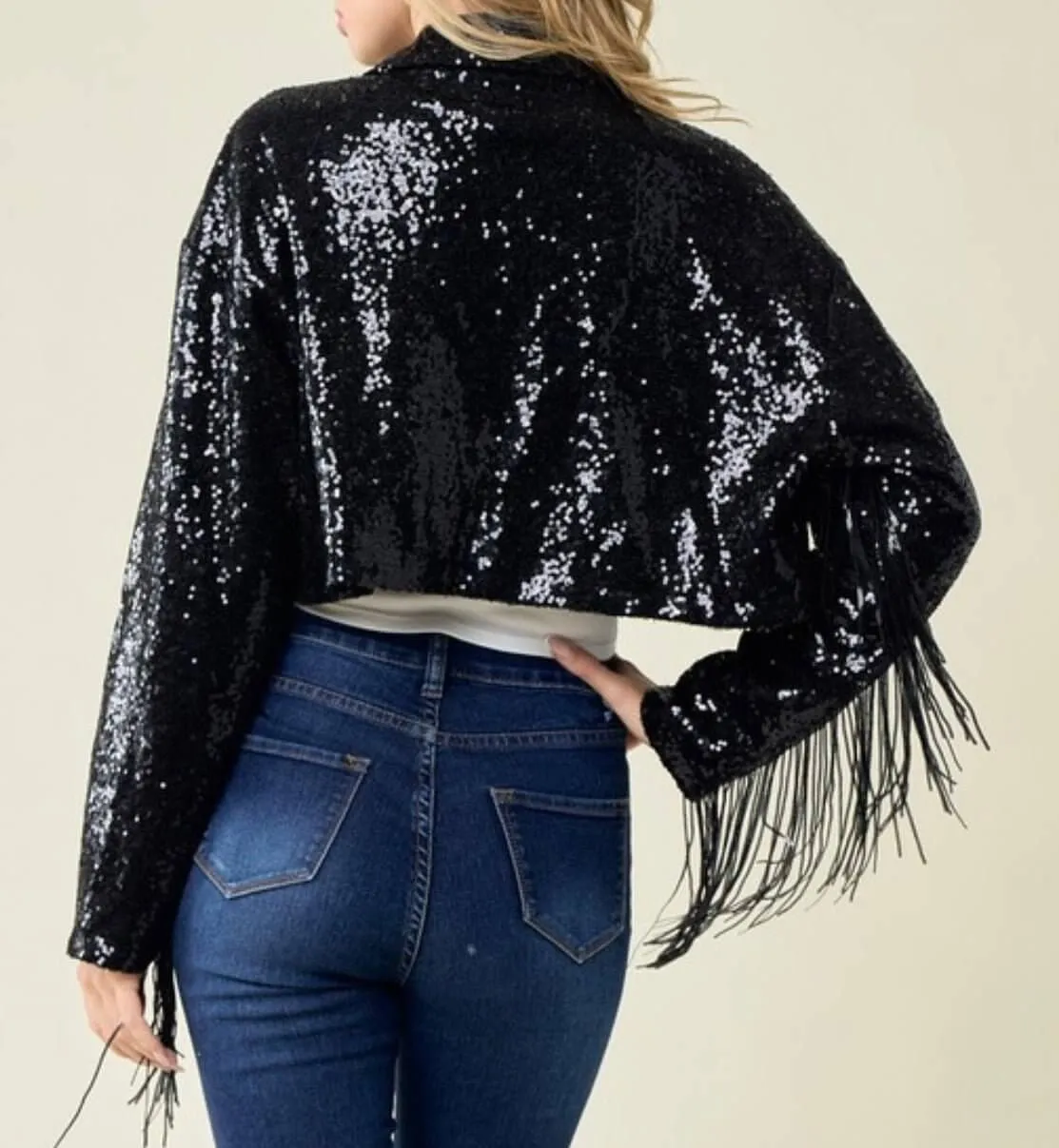 FNL Fringe Sequins Jackets: Sequins Fringe Cropped Jackets