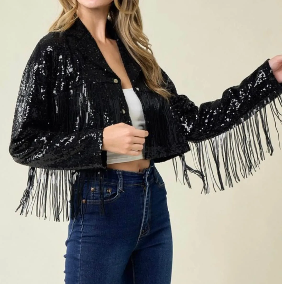 FNL Fringe Sequins Jackets: Sequins Fringe Cropped Jackets