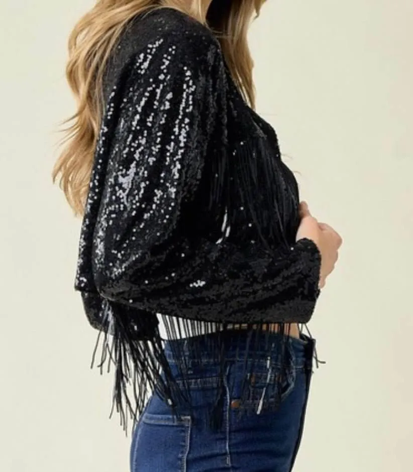 FNL Fringe Sequins Jackets: Sequins Fringe Cropped Jackets