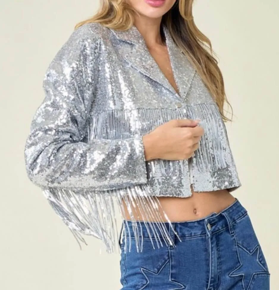 FNL Fringe Sequins Jackets: Sequins Fringe Cropped Jackets