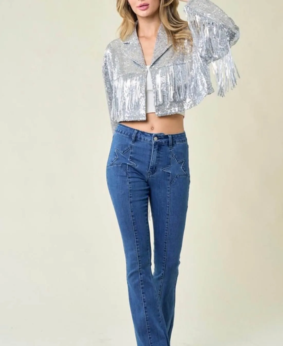 FNL Fringe Sequins Jackets: Sequins Fringe Cropped Jackets