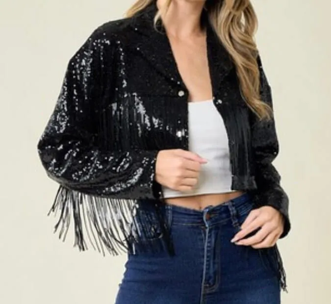FNL Fringe Sequins Jackets: Sequins Fringe Cropped Jackets