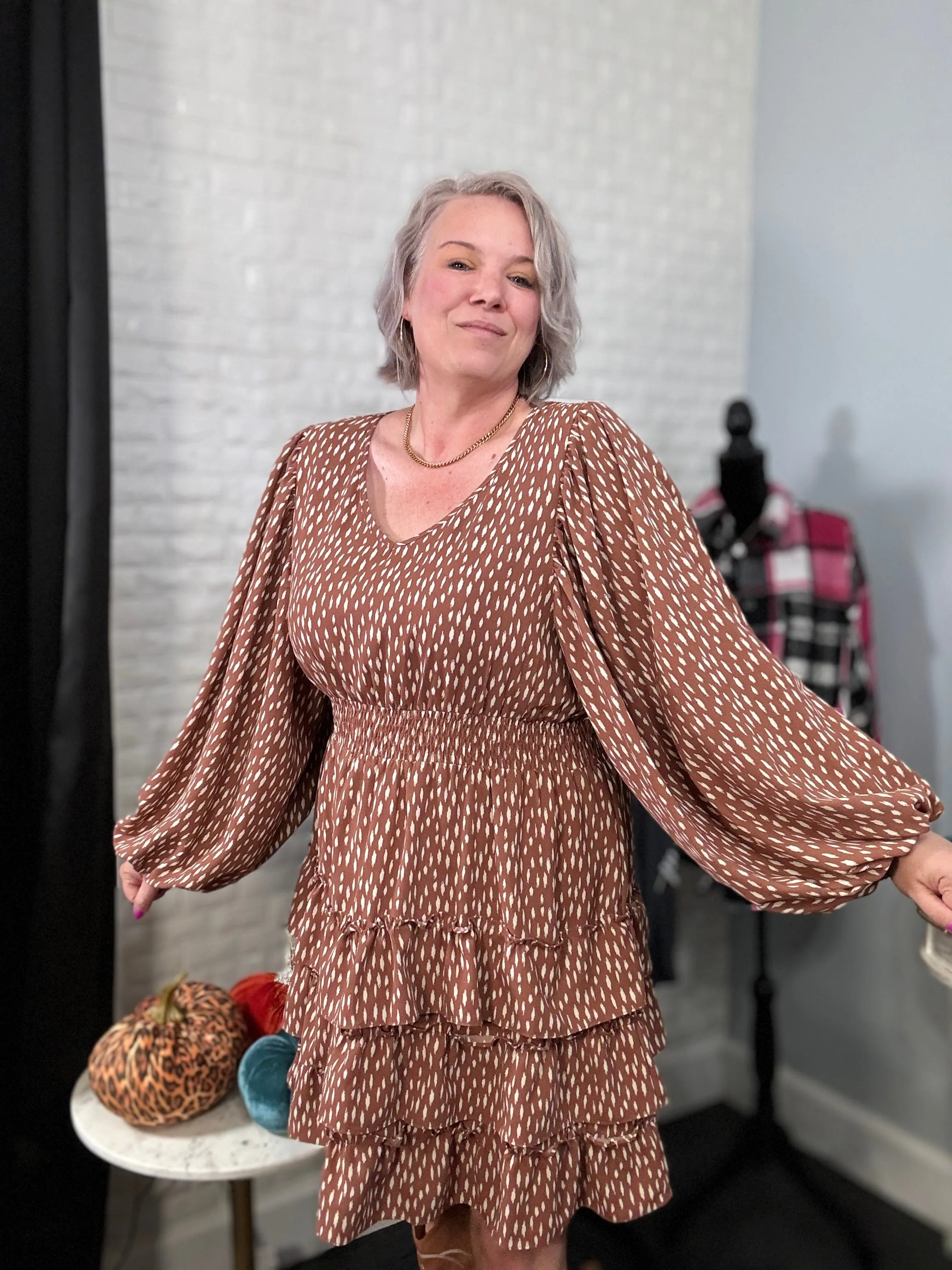 Haptics Feminine Flair Terracotta Leopard Print Ruffle Tiered Dress