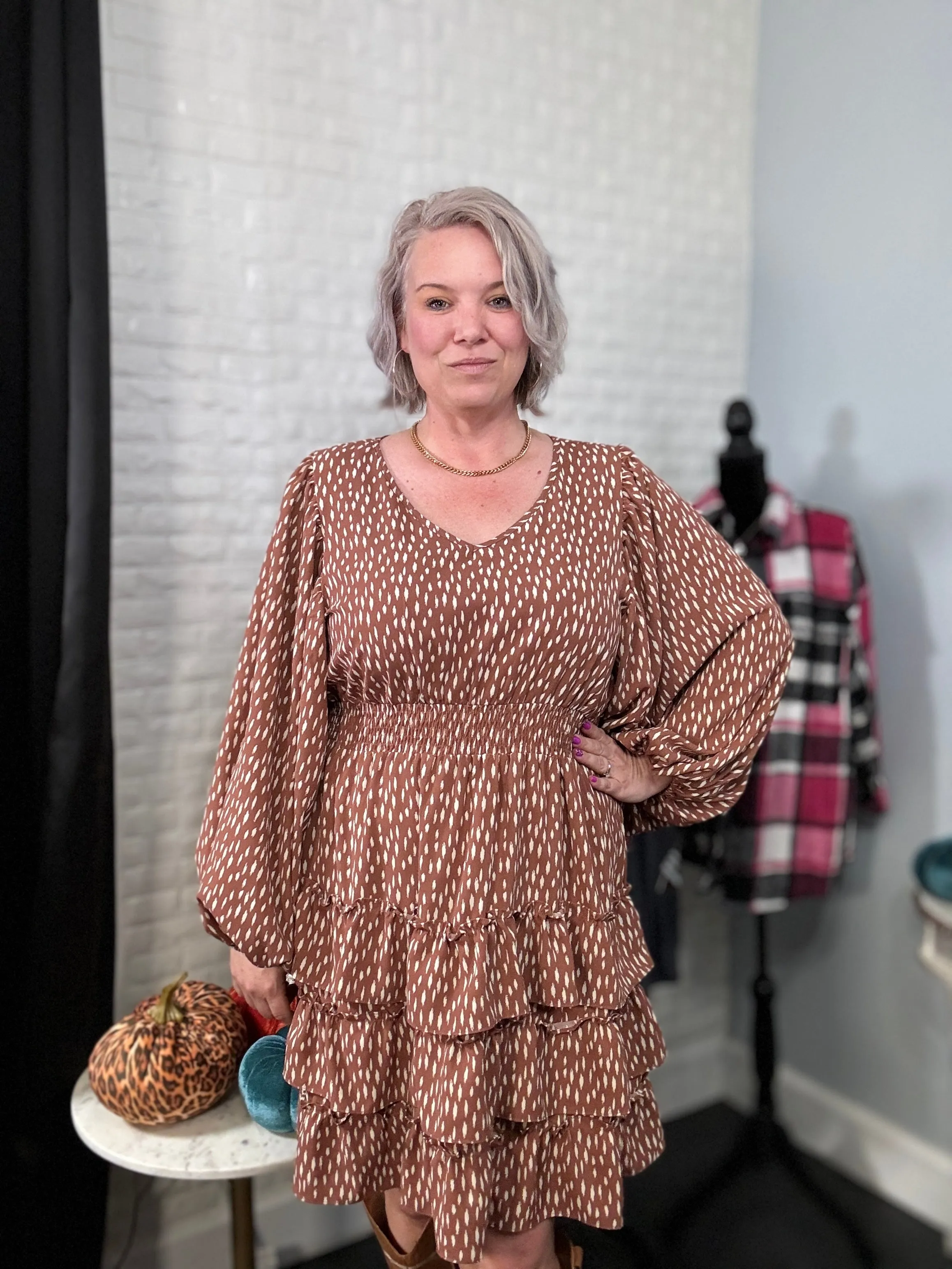 Haptics Feminine Flair Terracotta Leopard Print Ruffle Tiered Dress