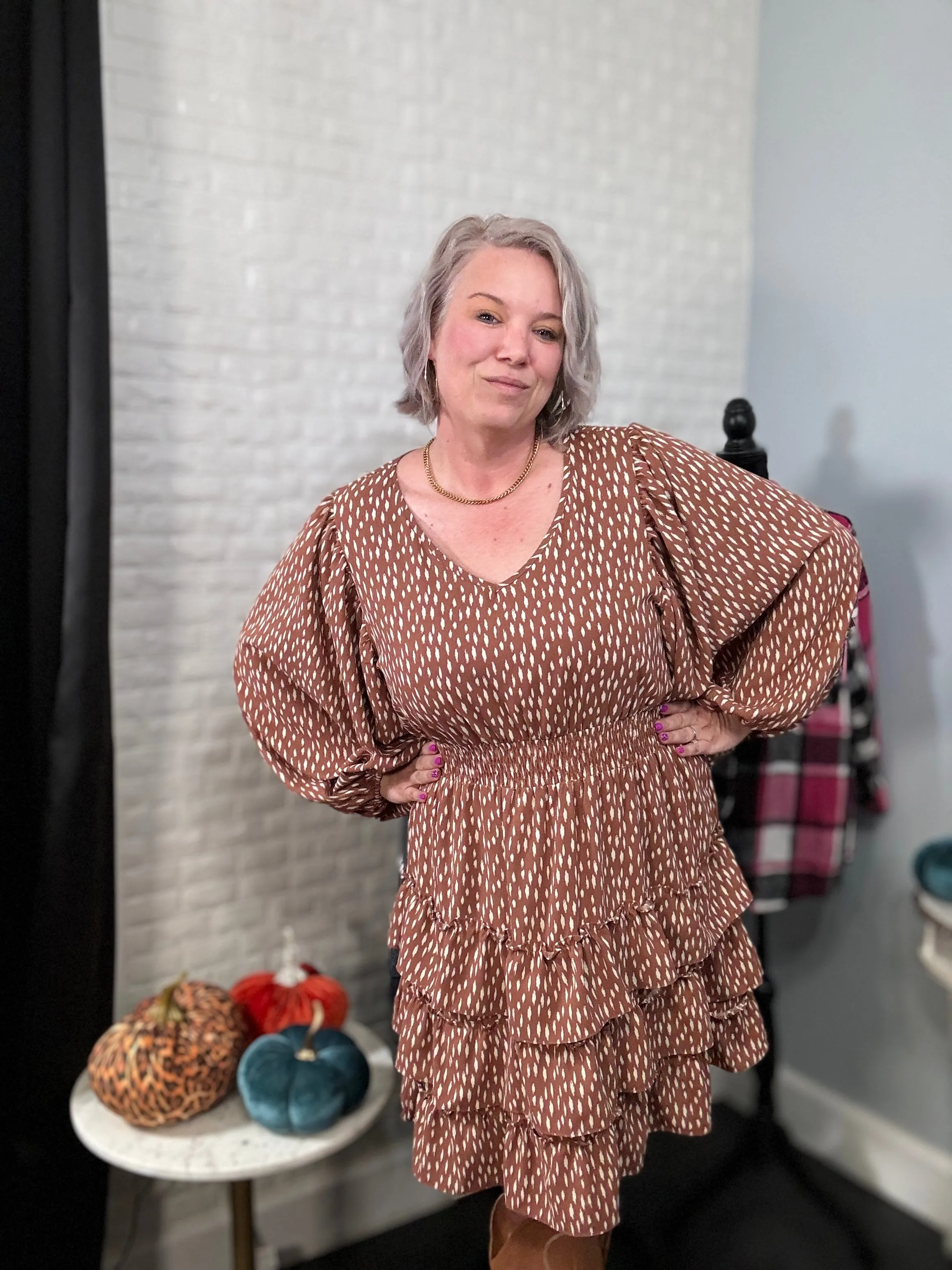 Haptics Feminine Flair Terracotta Leopard Print Ruffle Tiered Dress