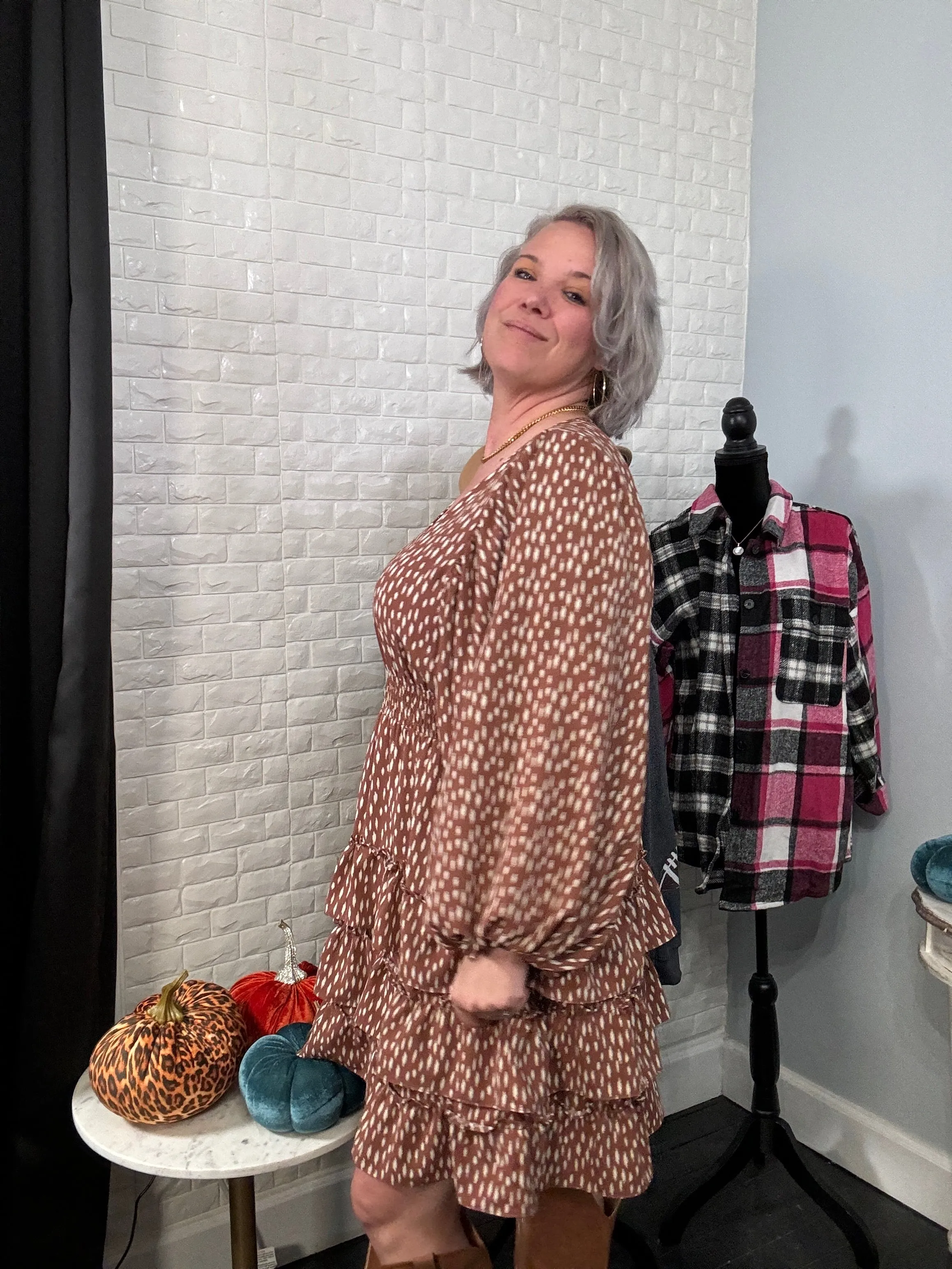 Haptics Feminine Flair Terracotta Leopard Print Ruffle Tiered Dress