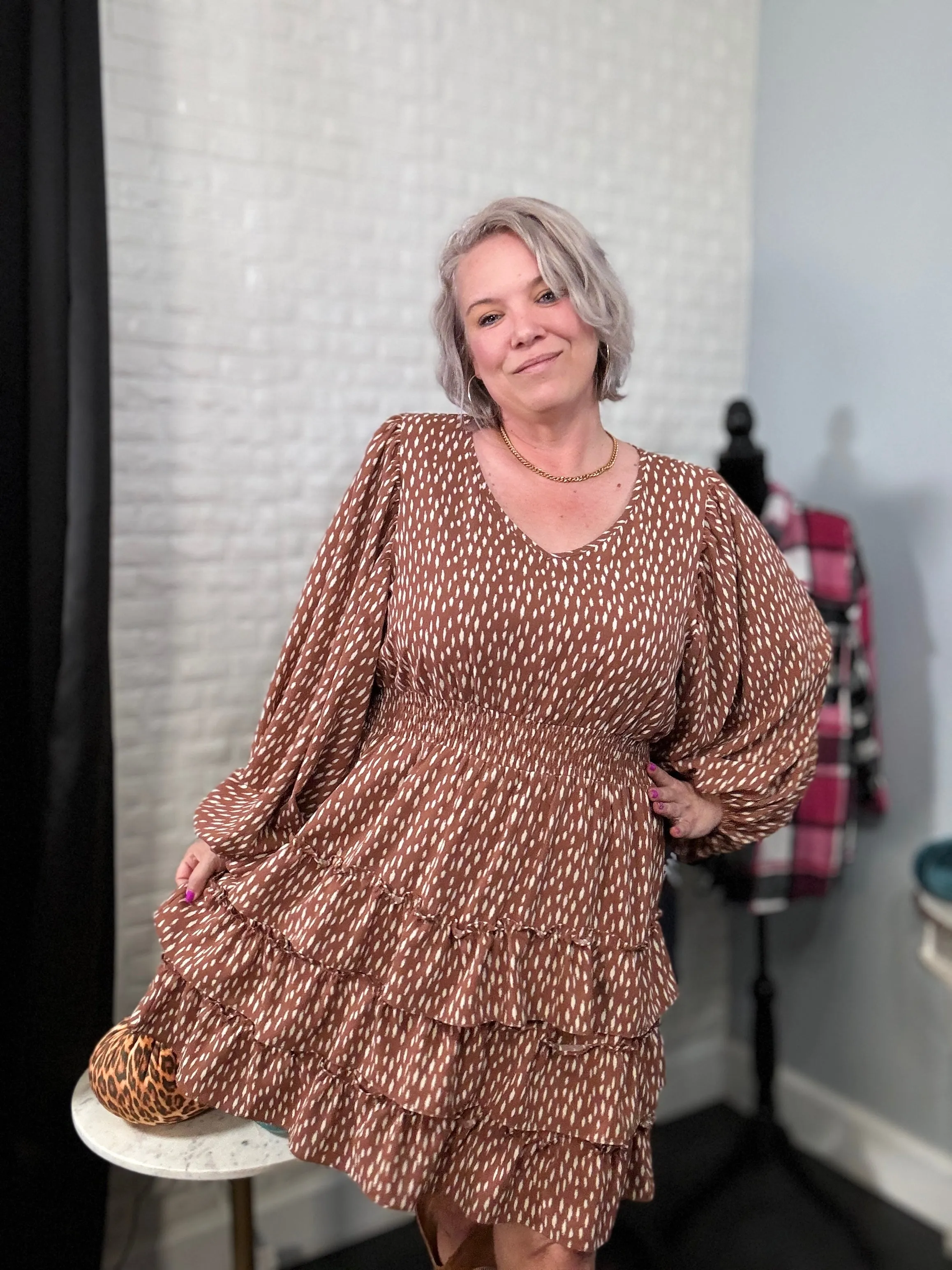 Haptics Feminine Flair Terracotta Leopard Print Ruffle Tiered Dress