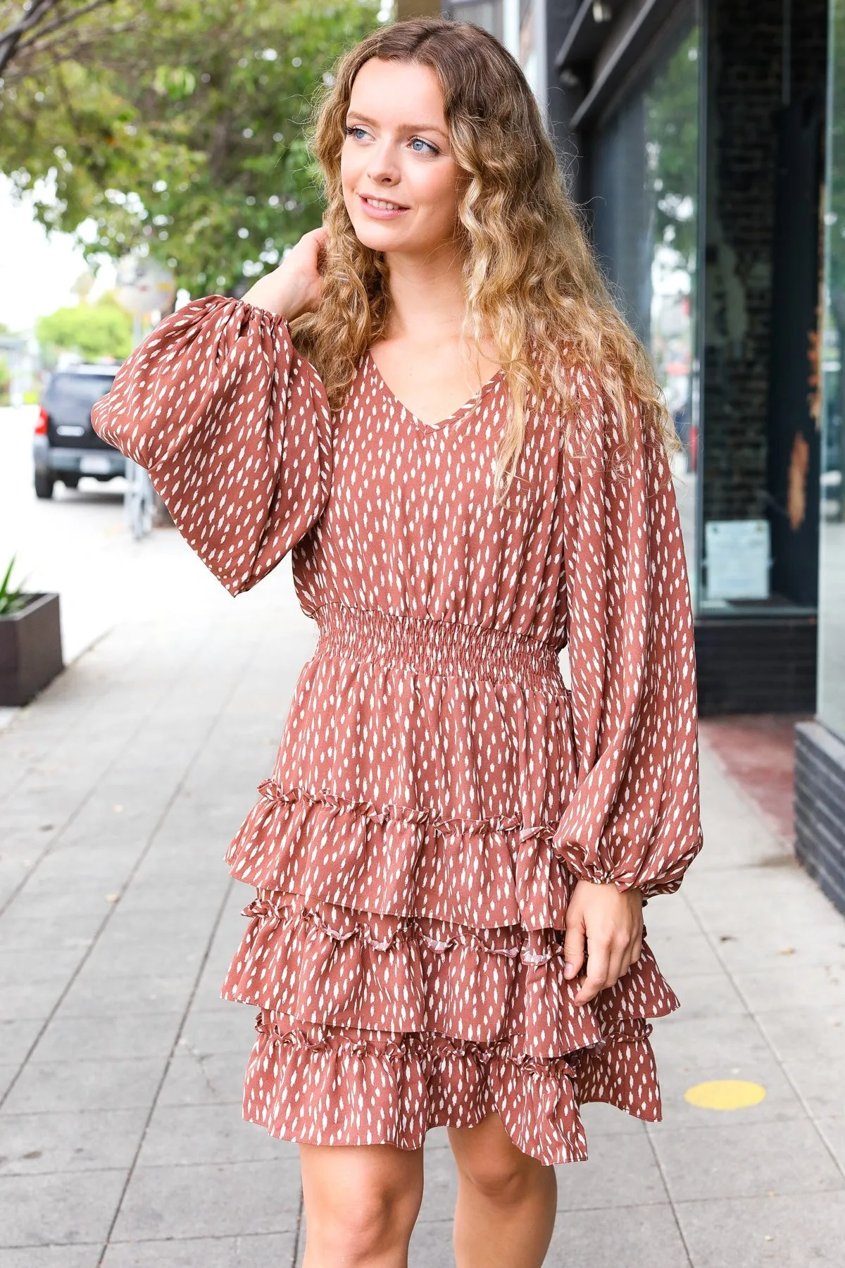 Haptics Feminine Flair Terracotta Leopard Print Ruffle Tiered Dress