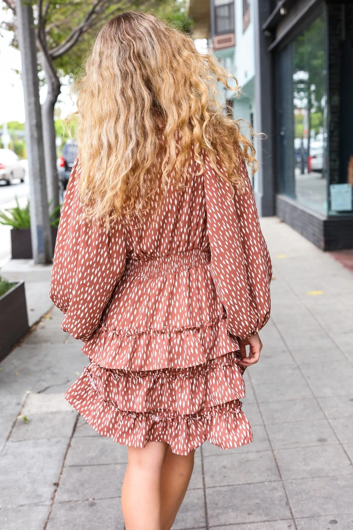 Haptics Feminine Flair Terracotta Leopard Print Ruffle Tiered Dress