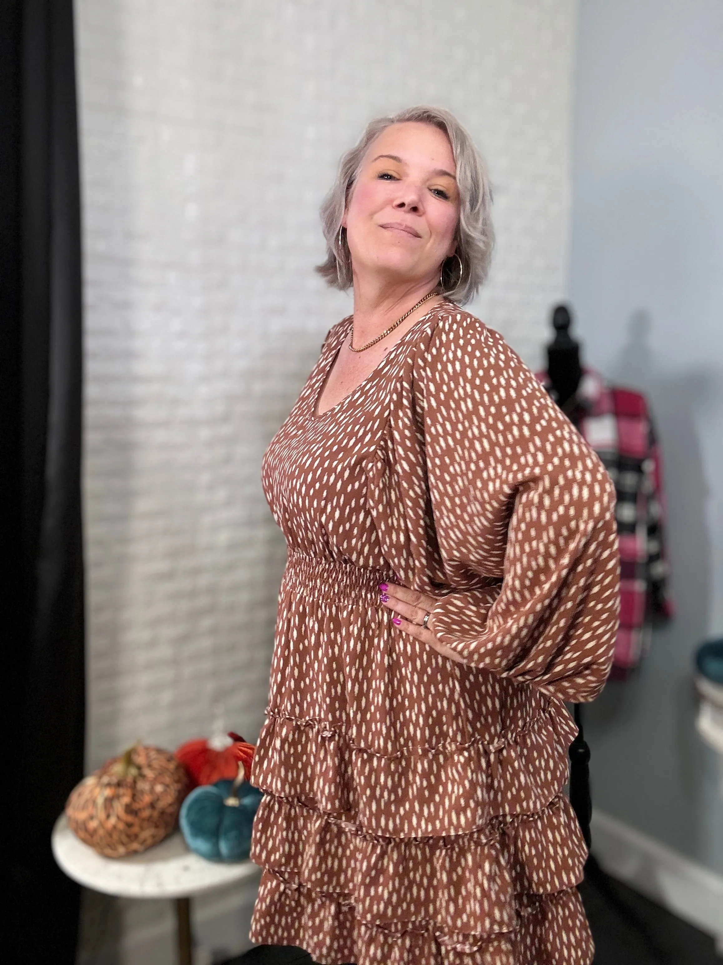 Haptics Feminine Flair Terracotta Leopard Print Ruffle Tiered Dress