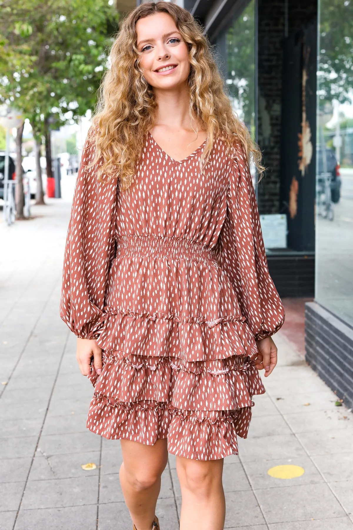 Haptics Feminine Flair Terracotta Leopard Print Ruffle Tiered Dress