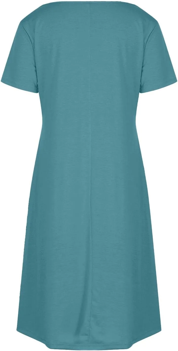 hlysgo Casual Dresses for Women 2025 Summer Short Sleeve V Neck Mini Dress Ladies A-Line Flowy T-Shirts Dress with Pockets