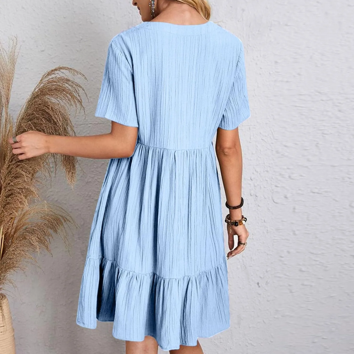hlysgo Flowy Dresses for Women 2025 Summer Short Sleeve V Neck Beach Mini Dress Ladies Ruffled Hem Knee Length Casual Dress