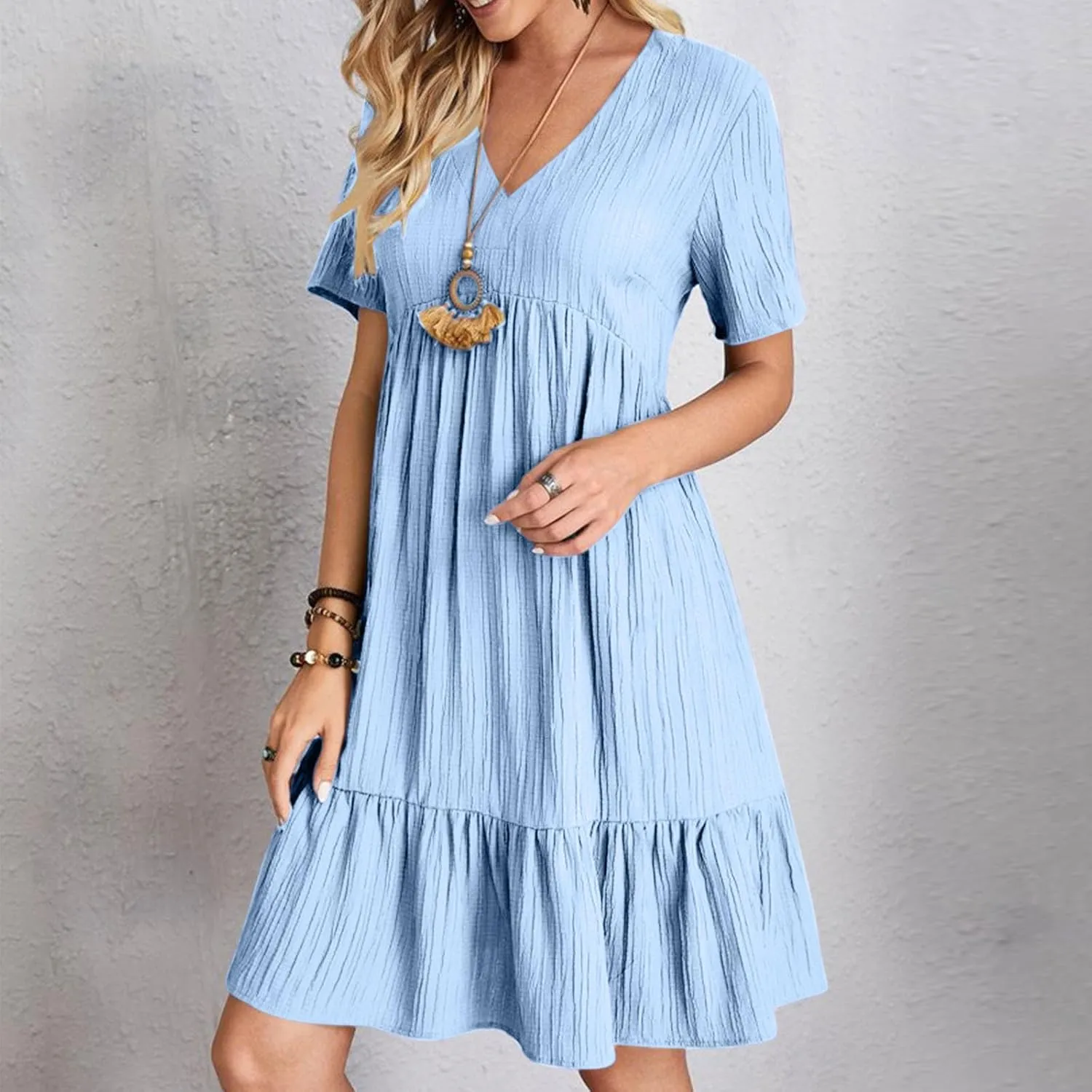 hlysgo Flowy Dresses for Women 2025 Summer Short Sleeve V Neck Beach Mini Dress Ladies Ruffled Hem Knee Length Casual Dress