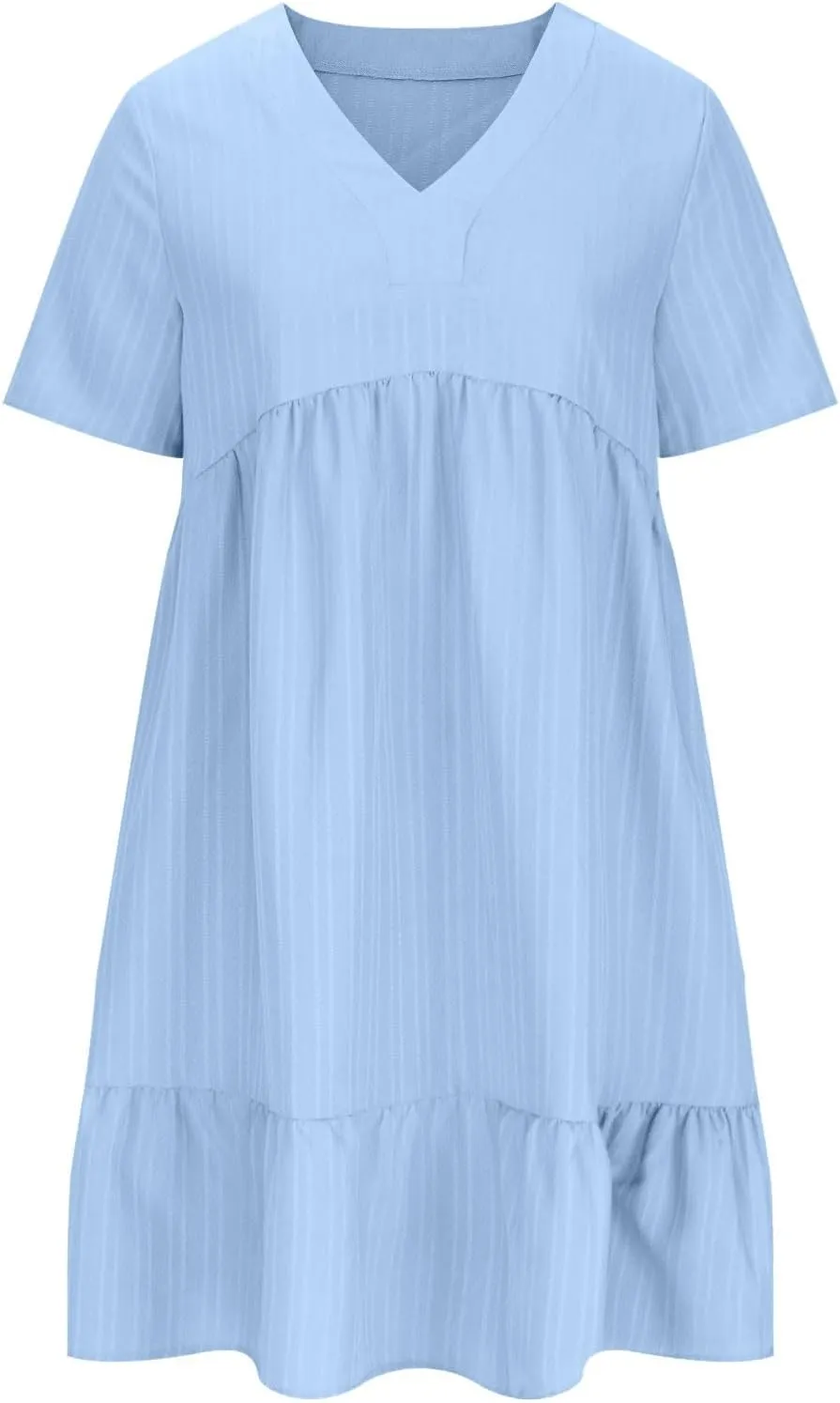hlysgo Flowy Dresses for Women 2025 Summer Short Sleeve V Neck Beach Mini Dress Ladies Ruffled Hem Knee Length Casual Dress