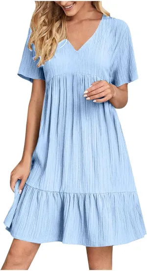 hlysgo Flowy Dresses for Women 2025 Summer Short Sleeve V Neck Beach Mini Dress Ladies Ruffled Hem Knee Length Casual Dress