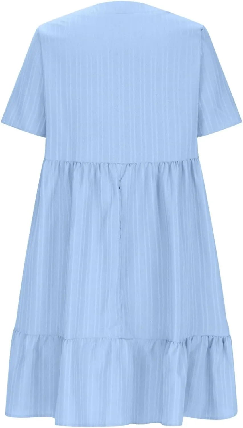 hlysgo Flowy Dresses for Women 2025 Summer Short Sleeve V Neck Beach Mini Dress Ladies Ruffled Hem Knee Length Casual Dress