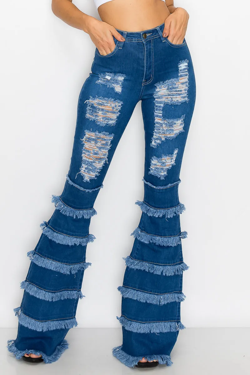 JAZZ-035 BELL BOTTOM FLARE LEG RIPPED DISTRESSED & DESTROYED JEANS
