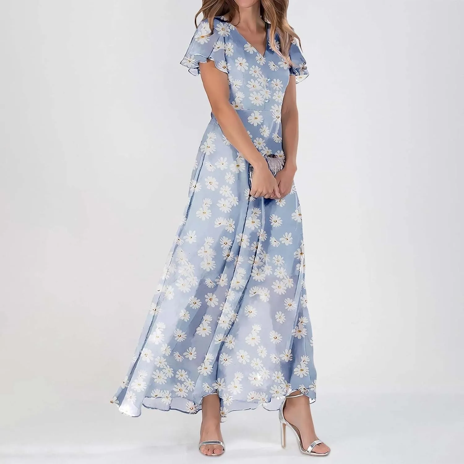 Long Floral Chiffon Dresses for Women Ruffle Cap Sleeve V Neck Flowy Pleated Sundress Summer Casual Dress 2025