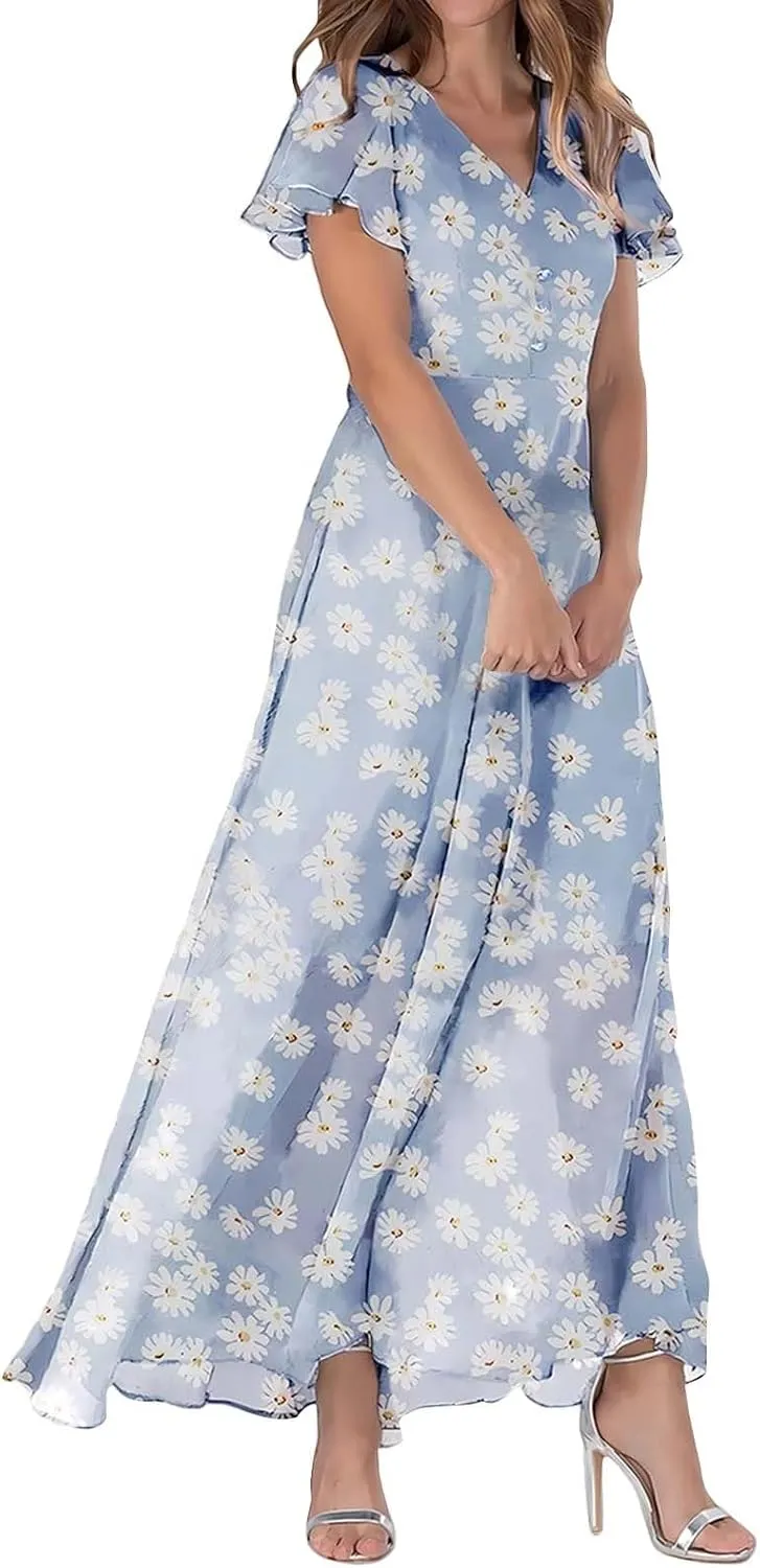 Long Floral Chiffon Dresses for Women Ruffle Cap Sleeve V Neck Flowy Pleated Sundress Summer Casual Dress 2025