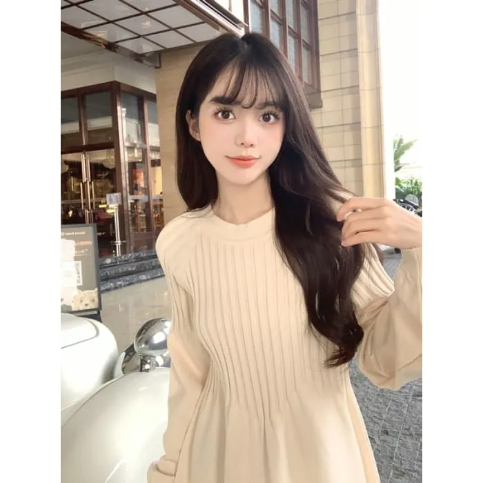 Long-Sleeve Crewneck Plain Knit A-Line Dress